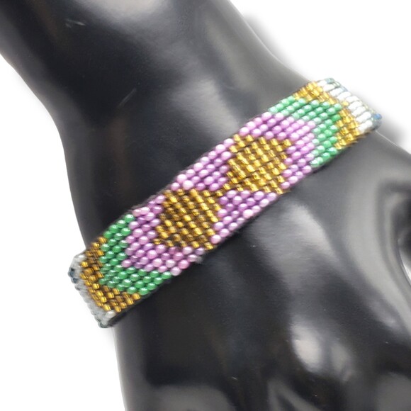 Hand Beaded Purple Gold Green Seed Bead Bracelet Button Closure Geometric Nepal - Picture 1 of 8
